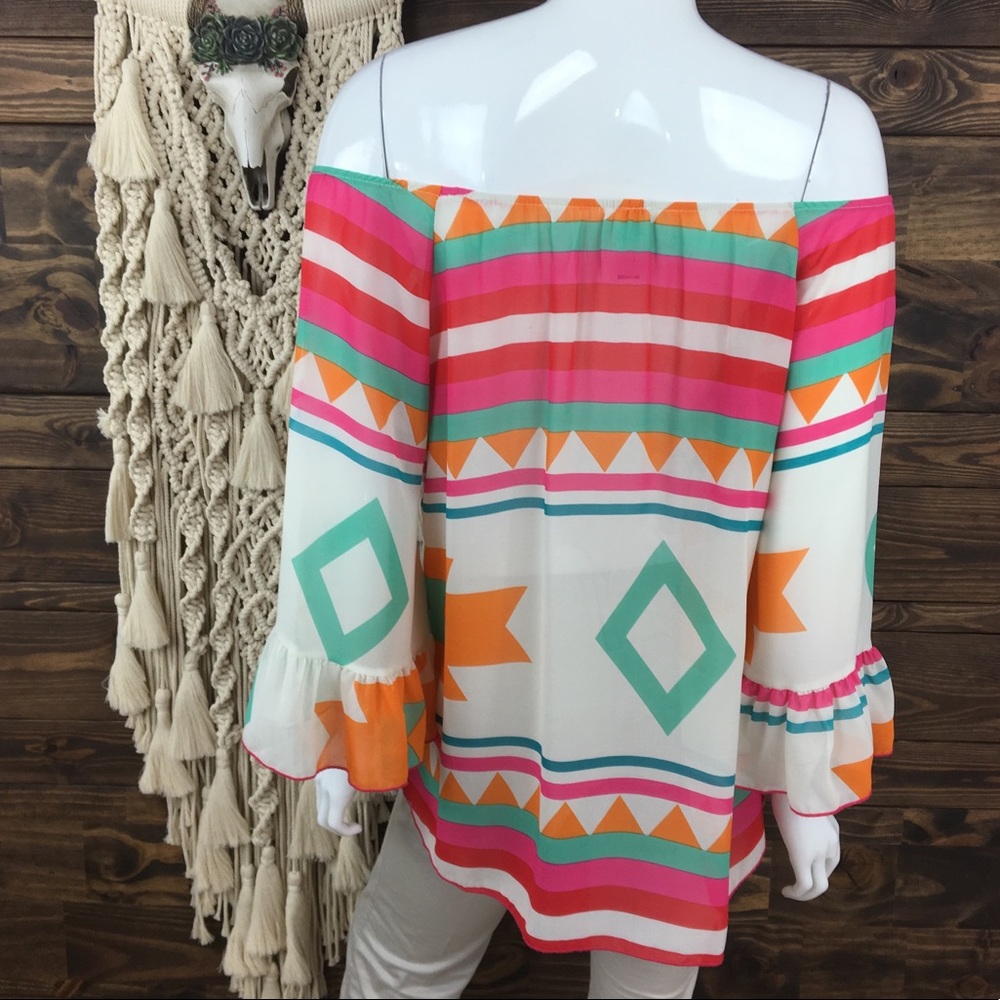 R Rouge | Aztec Sheer Ruffle Bell Sleeve Blouse - Picture 6 of 8